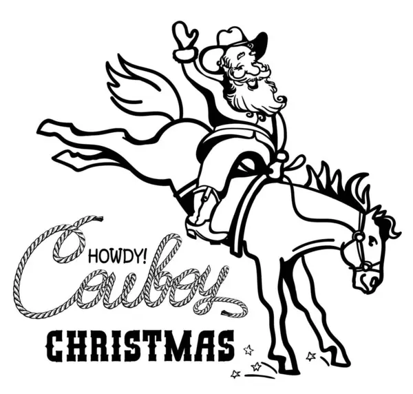 Western Christmas Santa Cowboy Laarzen Hoed Paardrijden Paard Vector Hand — Stockvector