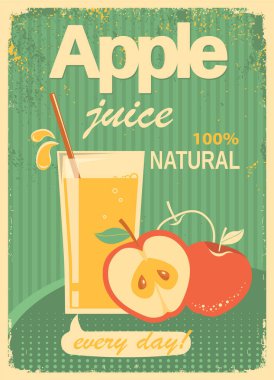 Apple Juice Poster arka planı. Vektör yazı Taze kırmızı elma suyu Eski kağıt arkaplan dokusu üzerine yazılı yeşil illüstrasyon.