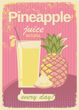 Ananas suyu, klasik Poster, pembe, sarı arka plan. Vektör Yazı Taze Ananas Suyu Görünümü Eski Kağıt Arkaplan dokusu üzerine yazı ile.