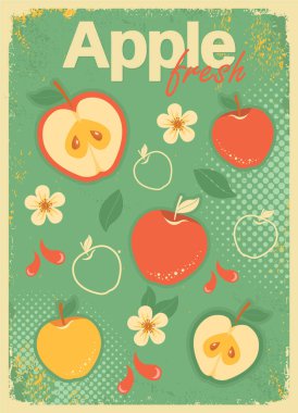Apple Juice Vintage Poster arka planı. Vektör yaz Taze elma suyu kırmızı illüstrasyon Eski kağıt dokusu üzerine metin.