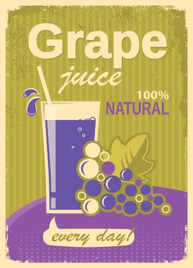 Üzüm Suyu Vintage Poster Arkaplanı. Vektör Yazı Taze Meyve Suyu Yeşil menekşe çizimi Eski kağıt arkaplan dokusu üzerine yazı ile.