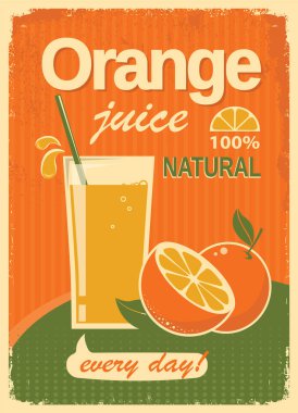 Portakal Meyve Suyu Vintage Posteri. Vektör Yazı Taze Meyve Suyu Görünümü Eski Kağıt Arkaplan dokusu üzerine yazı ile.