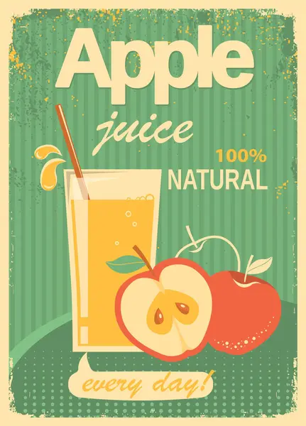 stock vector Apple juice vintage Poster background. Vector summer Fresh red apple Juice yellow green illustration with text on old paper Background texture.