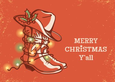 Kovboy çizmeleri ve Noel ışıklarıyla Kovboy Noel 'i. Eski moda poster arka planında bayram süslemesi. Bu tasarım, ülke tarzı Noel klasiği kırmızı kart arkaplanının ruhunu yakalar..