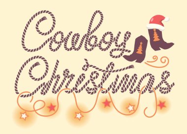 Cowboy Christmas background with Cowboy boots and rope text on vintage old paper background. This design captures the spirit of country style Christmas vintage card background. clipart