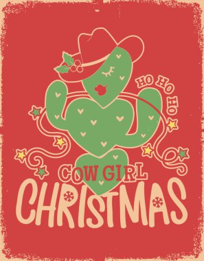 Kovboy kız, eski kağıt dokusu arka planında noel kutbu vektör vintage kartı. Vektör Kovboy Kız çizimi soyut yeşil kaktüslü kovboy şapkası ve kutsal dut süslemesi ve Noel metniyle.
