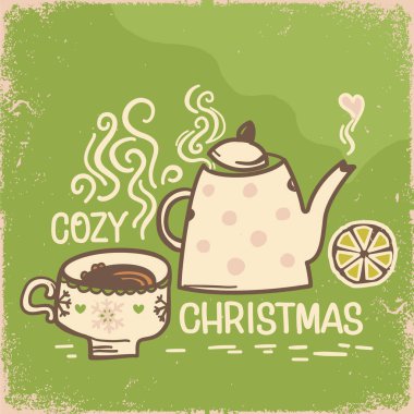 Noel kahvesi vektör illüstrasyonu. Eski kağıt dokusu arka planında kış tatili için hoş bir Noel resmi. Güzel Noel geçmişi. Vector Tea ve Coffee Holiday retro yeşil arka plan