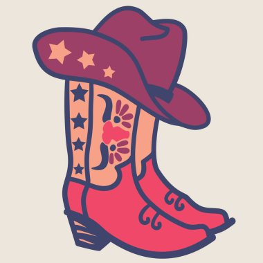 Yıldızlarla süslenmiş ve çiçeklerle süslenmiş klasik kovboy çizmelerinin üzerinde duran kovboy şapkası tasviri. Bu tasarım, Vahşi Batı ve ülke kültürünün basit ama simgesel bir tarzını yansıtıyor. Wester için mükemmel.