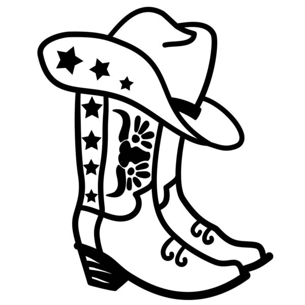 векторная иллюстрация, изображающая ковбойскую шляпу, опирающуюся на пару классических ковбойских сапог, украшенных звездами и цветочными деталями. Этот дизайн отражает дух Дикого Запада и кантри-культуры с простым, но культовым стилем. Перфект на западную тему