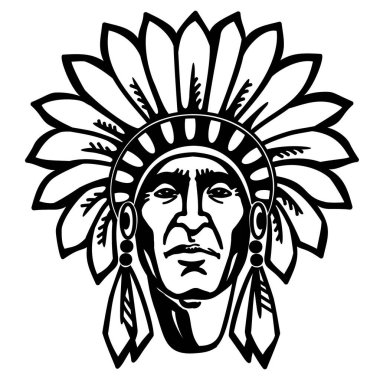 Amerikan yerlilerinin grafik siyah silueti. Baskı veya dekorasyon için beyaz arkaplanda tüyleri olan Vektör Şefi başı