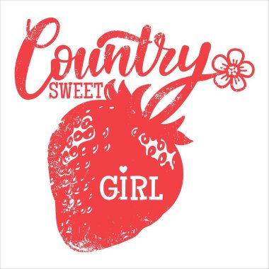 Taşralı kız vektör klasik illüstrasyon. Beyaz arkaplanda izole edilmiş t-shirt tasarımı için çizik efektli çilek kız metni.