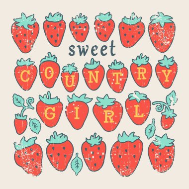 Çilek vektör baskısı klasik illüstrasyon. Kırmızı çilekli taşralı kız el çizimi desenli desenli çiçek süslemesi eski kağıt desenli arka planda tasarım veya baskı için 