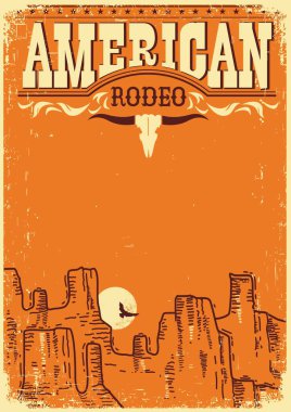 American Rodeo Poster eski kağıt arka plan metin veya tasarım için. Rodeo harfleri ve inek kafatası süslemesi olan antika bir poster