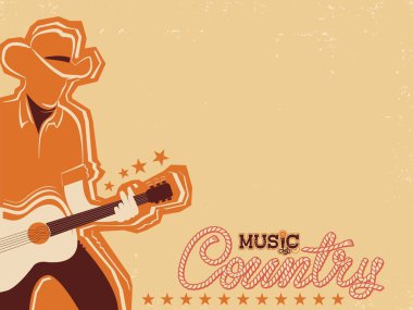Gitar çalan kovboy şapkalı Country müzik posteri. Metin veya tasarım için vektör country müzik festivali arka planı