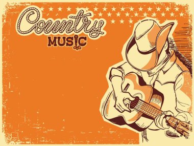 Gitar çalan kovboy şapkalı Country müzik posteri. Metin veya tasarım için eski kağıt arkaplan üzerinde vektör country müzik festivali posteri