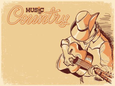 Gitar çalan kovboy şapkalı Country müzik posteri. Metin veya tasarım için eski kağıt arkaplan üzerinde vektör country müzik festivali posteri