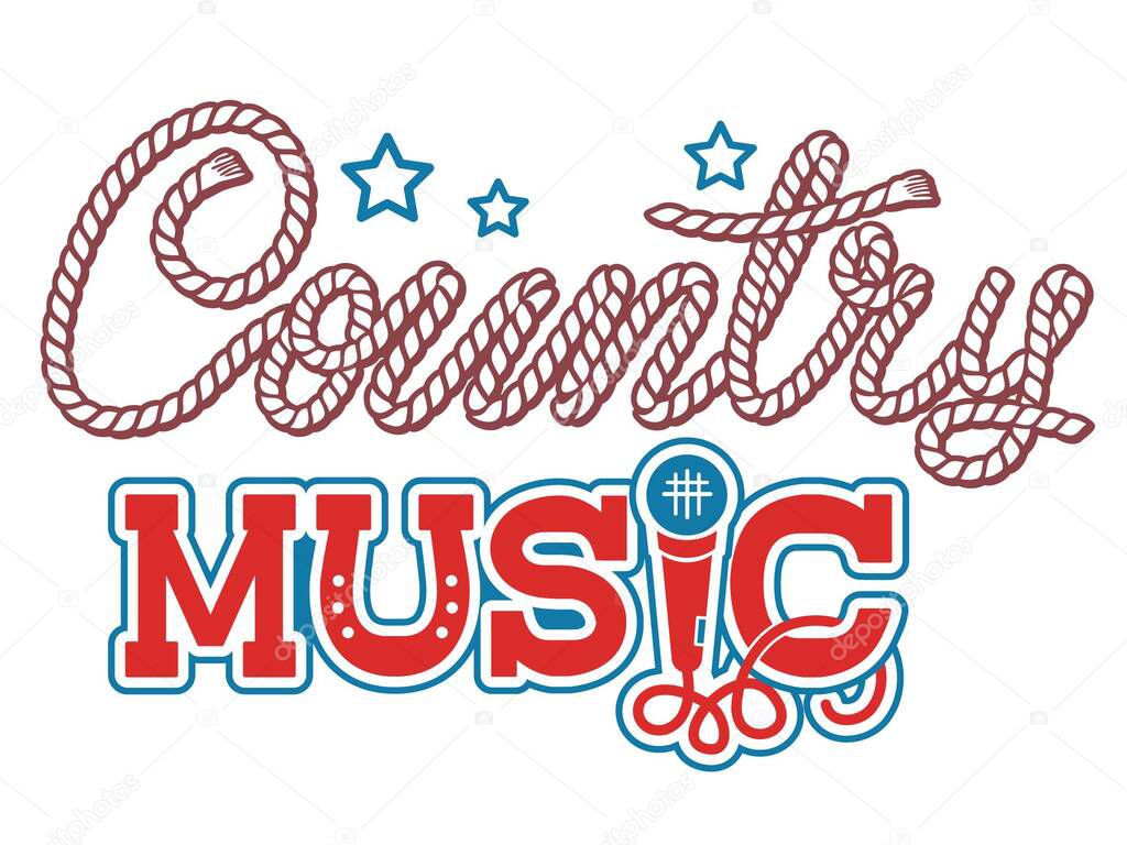 Country music Lettering vector illustration isolated on white. Vector printable Country Folk Music text with microphone decor