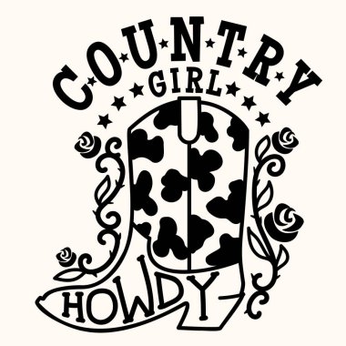 Taşralı Kız vektörü beyaza izole edilmiş. Kovboy çizmeleri ve çiçek desenli el çizimi kovboy çizmeleri ve Country Rodeo harfleri.
