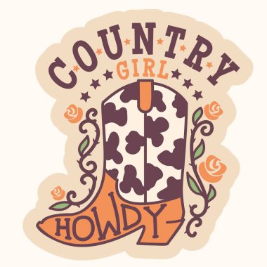 Taşralı Kız vektör yazdırılabilir etiketi beyaza izole edildi. Çiçek desenli Batılı kovboy çizmeleri kovboy çizmeleri ve Country Rodeo harflerinin renkli çizimleri..