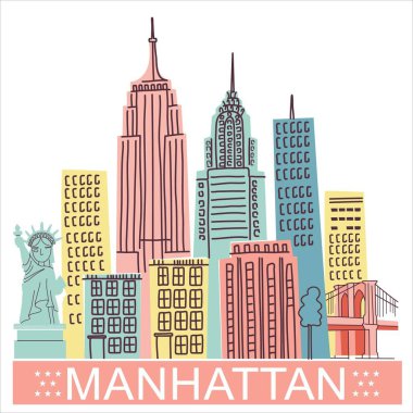 Manhattan Skyline vektör el çizimi beyaza izole edilmiş. Tasarım, web sitesi, sunum, kartlar, simgeler için vektör New York retro illüstrasyonu.