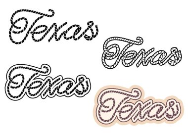 Texas ip metin vektör illüstrasyonu tasarım için beyaz arkaplanda izole edildi. Kovboy kementi rodeo Texas harfleri. Yazdırma için vektör yazdırılabilir siyah grafik sembolü