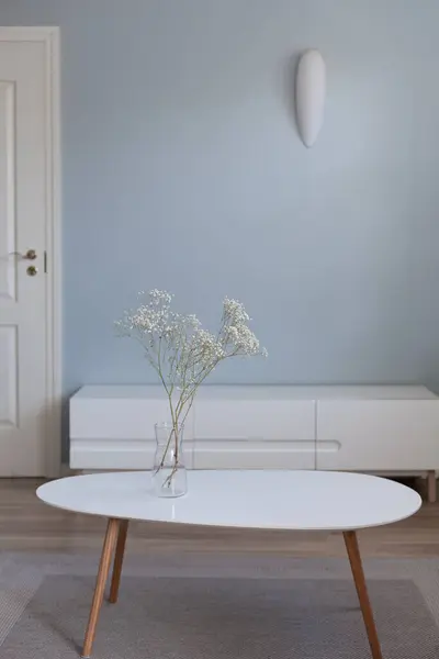 테이블 텔레비젼은 있습니다 꽃병에 스칸디나비아 인테리어 디자인 — 스톡 사진