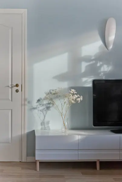 客厅的家具在地板上 蓝色的空墙和白色的门前面 花瓶里的家居装饰 — 图库照片