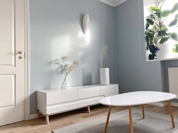 Moderne Luftbefeuchter Mit Wasserdampf Auf Ständer Wohnzimmer Vor Blauer Wand — Stockfoto