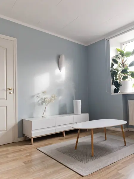 电视上装有水蒸气的现代空气加湿器矗立在蓝色墙壁前面的客厅里 花瓶装潢 盆栽植物 简约的生态北欧室内风格 — 图库照片