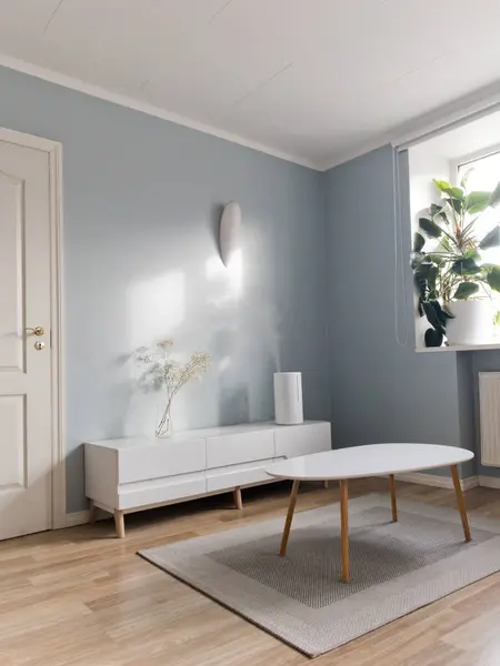 电视上装有水蒸气的现代空气加湿器矗立在蓝色墙壁前面的客厅里 花瓶装潢 盆栽植物 简约的生态北欧室内风格 图库图片