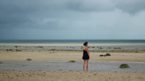 Ett Åskväder Närmar Sig Ung Kvinna Stranden Vinden — Stockvideo