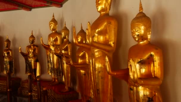 Много Золотых Статуй Буддийском Храме Таиланде — стоковое видео