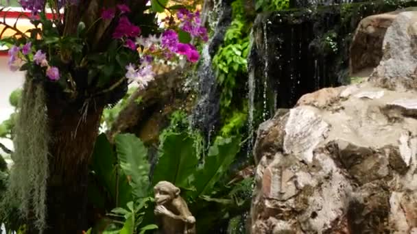 Bloemenbed Met Een Kleine Waterval Het Park — Stockvideo