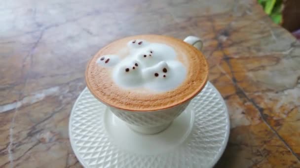 Cappuccino Cup Placed Saucer Cozy Cafe Setting Creamy Foam Atop — Stock Video
