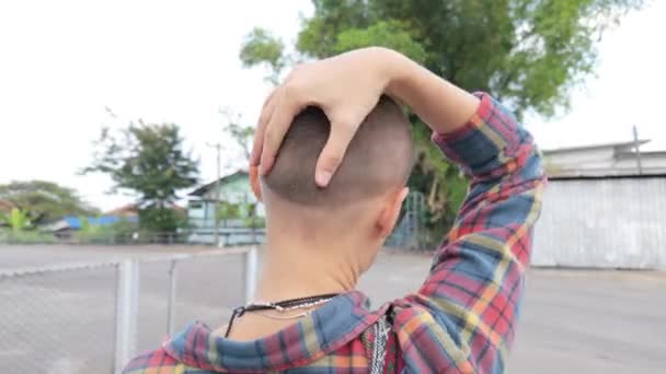 Watch Bald Woman Gently Runs Her Hand Her Short Haircut — Stock Video