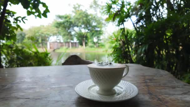 Sıcak Bir Kafe Ortamında Çay Tabağına Konmuş Bir Cappuccino Bardağı — Stok video