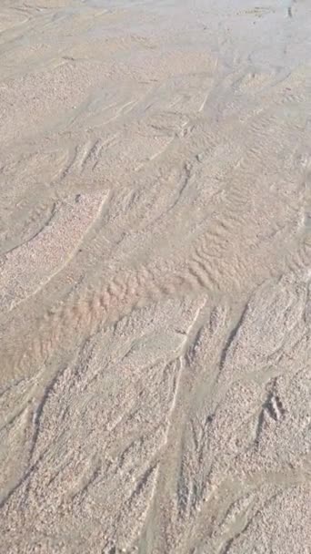 근처에 모래가 흐르는 해변의 평화로운 분위기를 느껴보세요 부드러운 파도가 해안에 — 비디오