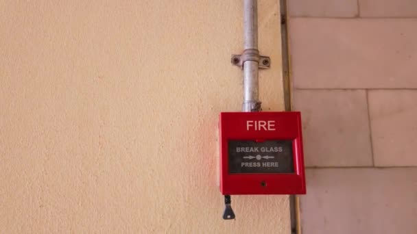 Den Röda Signalknappen För Brandlarm Monterad Väggen Flervåningshus Med Betoning — Stockvideo
