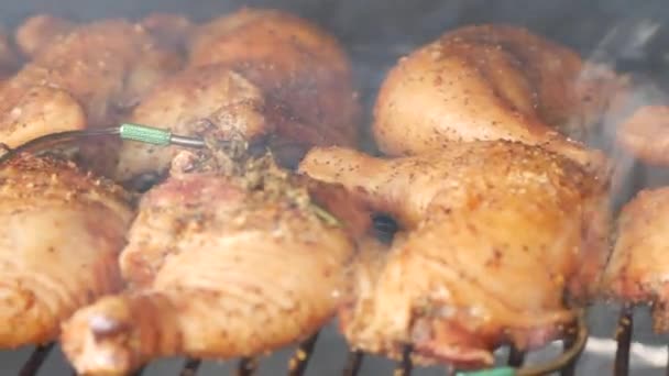 烤鸡腿的香气弥漫在烤架上 它们在浓烟的热气中嗡嗡作响 用烤得完美的承诺来刺激感官 — 图库视频影像