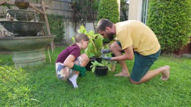 Eldivenli çıplak ayaklı adam siyah saksıları kaldırırken kamuflaj şortlu ve bahçe eldivenli genç bir kız elinde malayla yakınlarda duruyor. Çevreleri yemyeşil, saksı bitkileri ve...