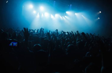 Konser kalabalığı müziğe deli oluyor. Bir grup genç gece kulübünde müzik festivalinde parti veriyor.
