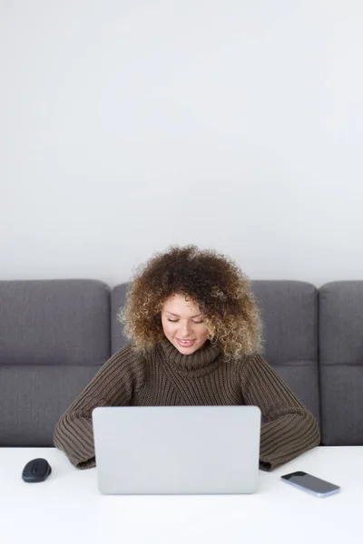 Freelance Programmer Coding Computer Home Cheerful Young Female Person Works — Stockfoto