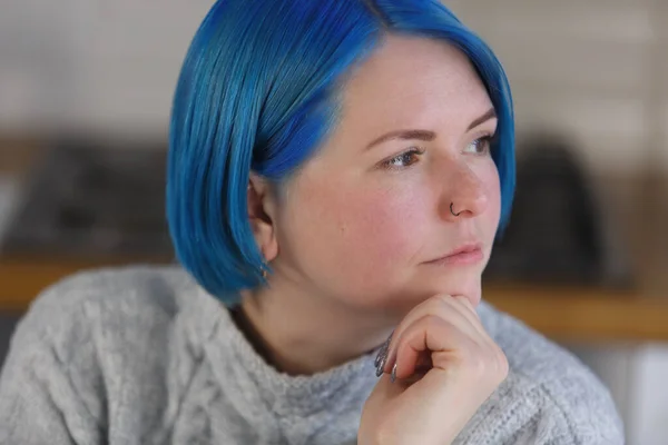 Portrait Pensive Millennial Woman Dyed Blue Hair Young Adult Female — Zdjęcie stockowe