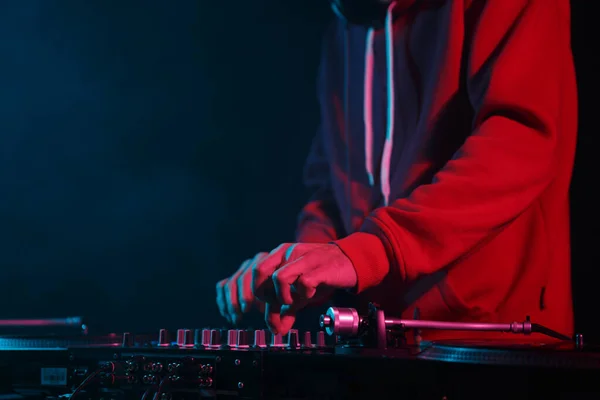 Club Plays Music Stage Disc Jockey Red Hoodie Playing Musical — Fotografia de Stock