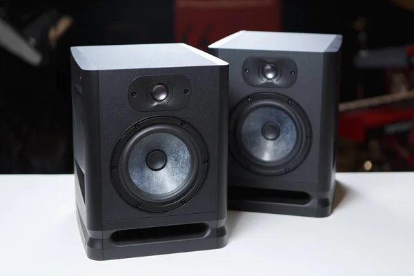Pair of studio monitors in music store. Buy hi fi speakers for sound recording studio.