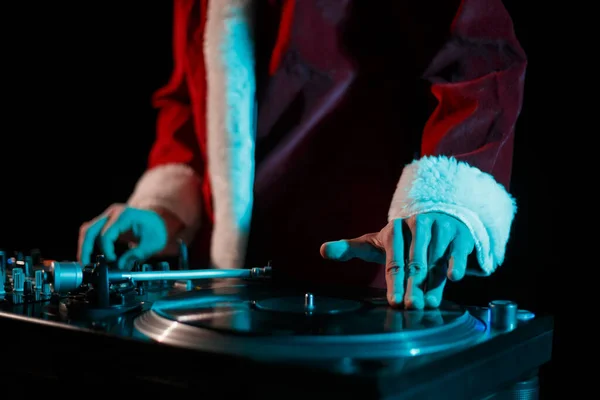 Hip Hop Santa Outfit Scratches Vinyl Record Turntable Disc Jockey — Stock Photo, Image