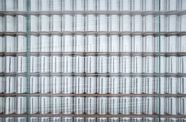 Aluminum Cans Drinks Stacked Shelf Warehouse New Unused Aluminium Cold — Stock Photo, Image