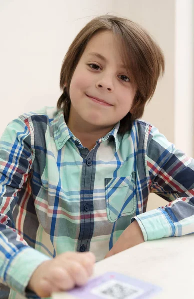 Cute White Boy Posing Portrait Cheerful Ukrainian Kid Sitting Cafe — Stock Photo, Image