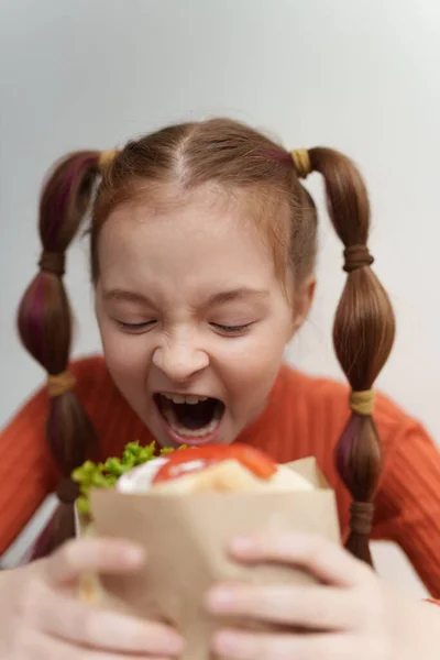 Funny Little Girl Bites Sandwich Grin Cute White Child Eating — Stock Photo, Image