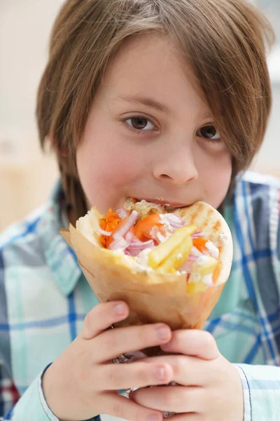 Potrait Hungry Little Boy Biting Gyros Cute Elementary Age Kid — Stock Photo, Image